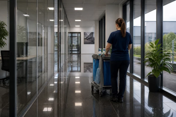Reinigungskraft von cleanteam in einem modernen B&uuml;rogeb&auml;ude