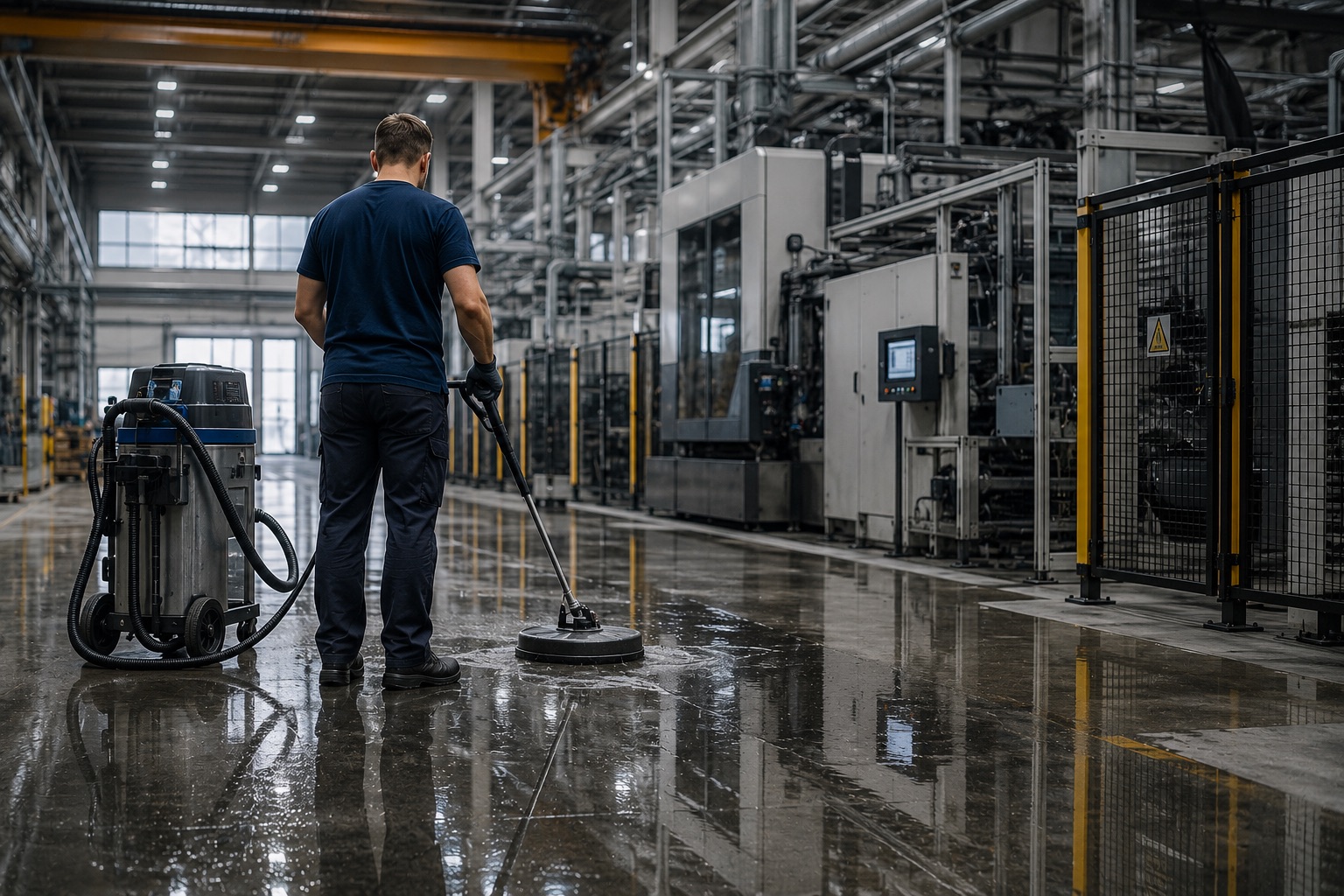 Moderne Industriehalle mit hochglänzend gereinigtem Boden und komplexen Produktionsanlagen im Hintergrund. Eine Reinigungskraft in dunkelblauem T-Shirt arbeitet mit professioneller Reinigungsmaschine an der Boden- und Maschinenreinigung. Die Person ist ausschließlich von hinten zu sehen. Spiegelungen auf dem nassen Industrieboden unterstreichen die intensive Reinigung und den hohen Qualitätsanspruch. Die Szene vermittelt technische Präzision, kontinuierliche Anlagenverfügbarkeit und professionelle Industriereinigung im laufenden Produktionsumfeld.