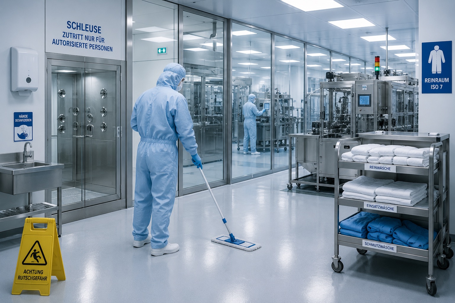 Professionelle Reinraumreinigung in hochsensibler Industrieumgebung mit speziell geschultem Fachpersonal, hygienischen Schleusenbereichen und kontrollierter Sauberkeit für Pharma-, Halbleiter- und Lebensmittelindustrie.