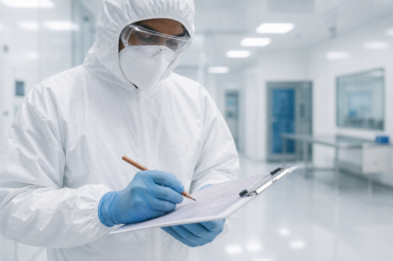 Reinraumspezialist dokumentiert Reinigungsergebnis auf Protokollformular im Reinraumbetrieb