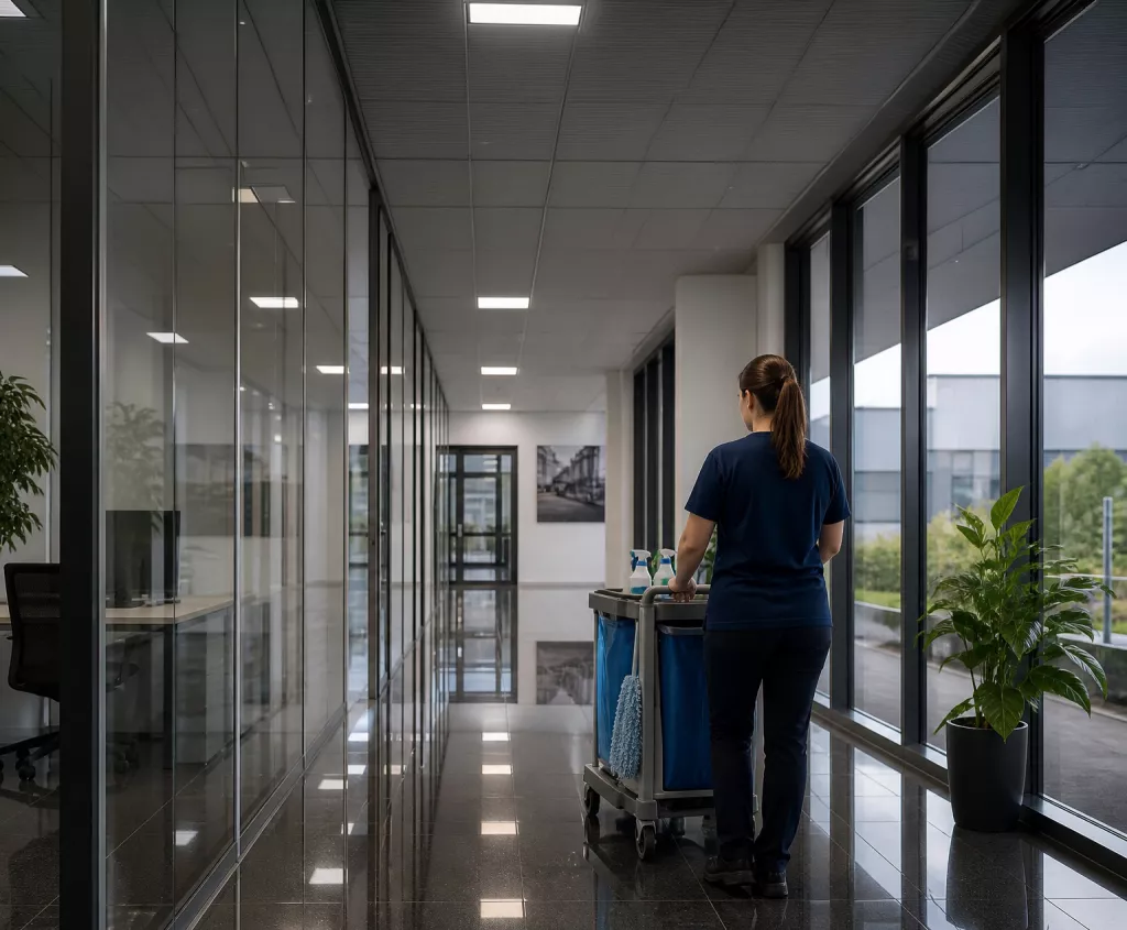 Reinigungskraft von cleanteam bei der Unterhaltsreinigung eines modernen Bürogebäudes in Laupheim