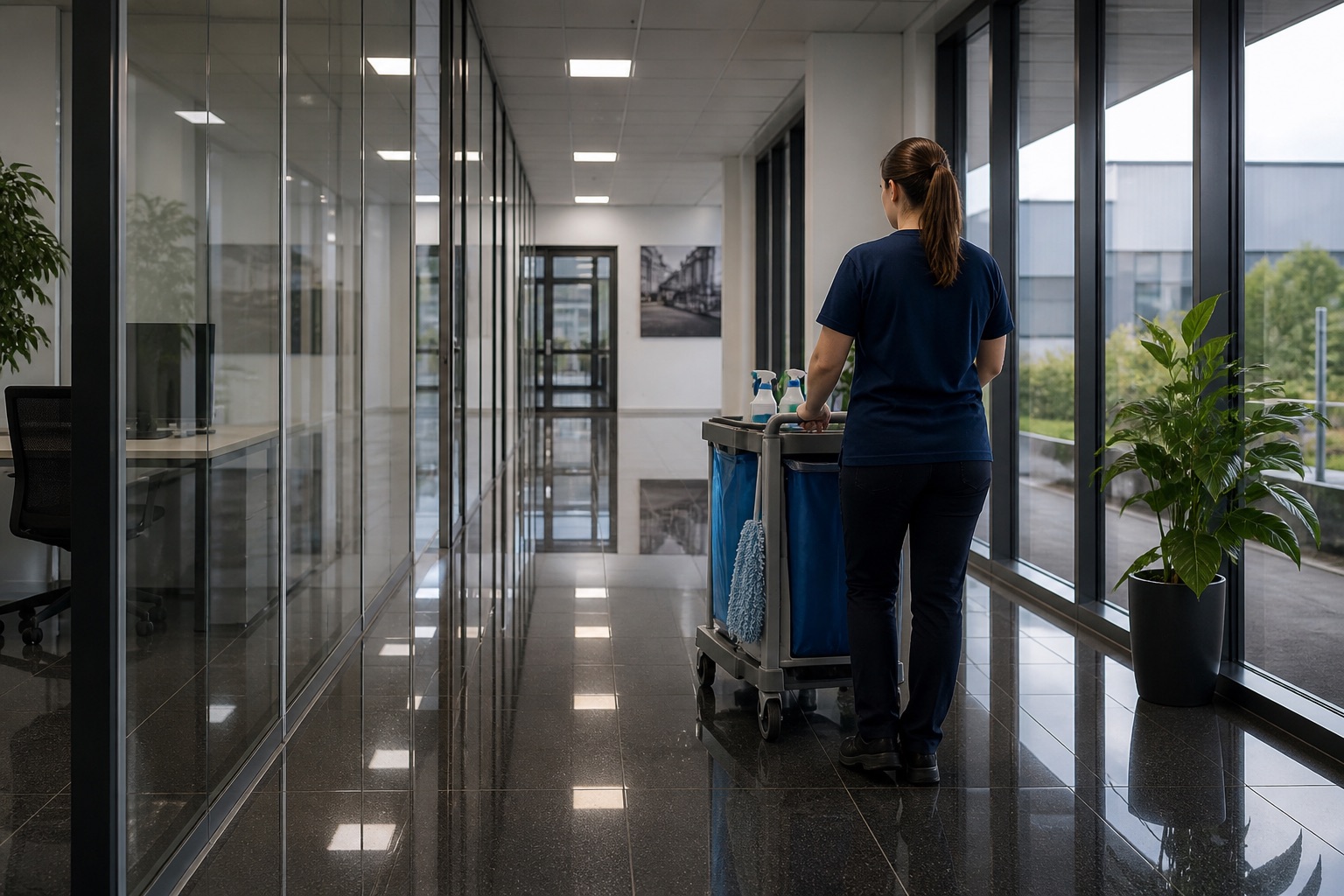 Modernes Bürogebäude eines produzierenden Unternehmens mit großflächigen Glasfronten und hochglänzendem Boden. Eine Reinigungskraft in dunkelblauem T-Shirt bewegt einen professionellen Reinigungswagen durch den lichtdurchfluteten Flur. Die Person ist ausschließlich von hinten zu sehen. Klare Spiegelungen auf Boden- und Glasflächen unterstreichen die Sauberkeit und Pflege des Gebäudes. Die Szene vermittelt Struktur, Professionalität, Werterhalt und ein angenehmes Arbeitsumfeld im Rahmen der regelmäßigen Unterhaltsreinigung.